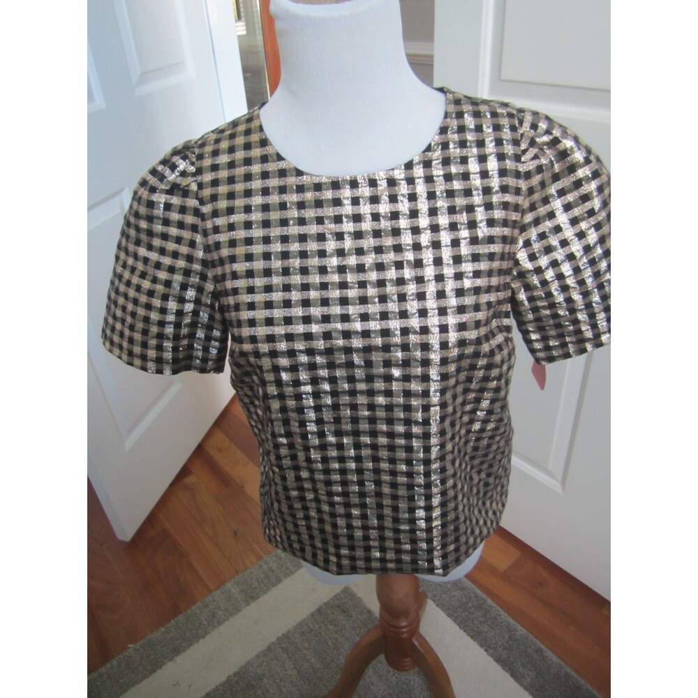 J. CREW LUREX  METALLIC ROSE GOLD & BLACK PLAID SHORT SLEEVE TOP SIZE XS